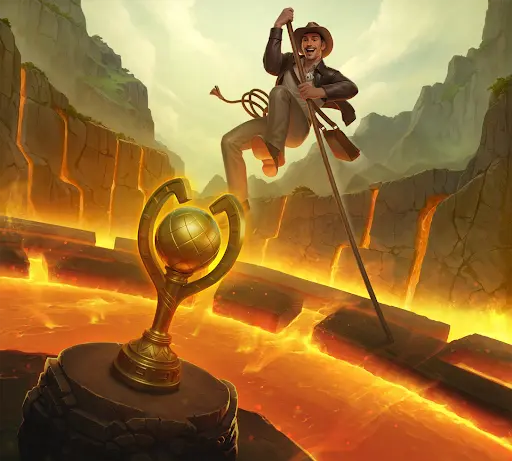 Odkrywca wykonujący odważny skok nad rozżarzoną lawą w kierunku starożytnego artefaktu, symbolizujący ryzyko, determinację i nagrody dostępne dzięki bonus kasynowy sankra